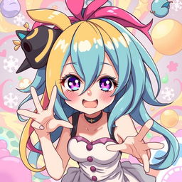 An anime-style illustration featuring a fantastical female character with vibrant, colorful hair and expressive eyes, in a surreal, playful setting filled with whimsical elements