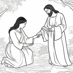 Colouring book page of a scene where a woman with faith is reaching out to touch the hem of Jesus' garment.