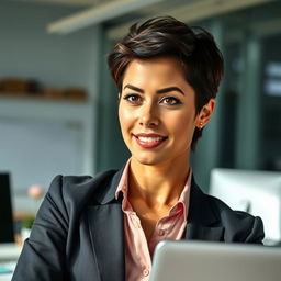 A 36-year-old woman with short hair, showcasing a Brazilian appearance, captured in a dynamic half-body portrait while working