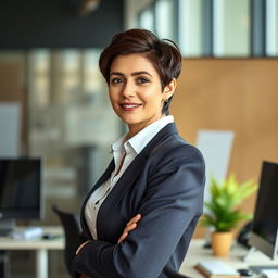 A 36-year-old woman with short hair, showcasing a Brazilian appearance, captured in a dynamic half-body portrait while working