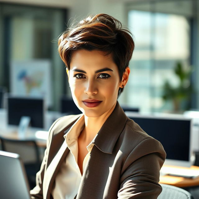 A 36-year-old woman with short hair, showcasing a Brazilian appearance, captured in a dynamic half-body portrait while working