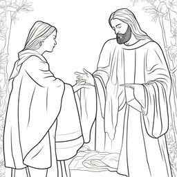 Colouring book page of a scene where a woman with faith is reaching out to touch the hem of Jesus' garment.