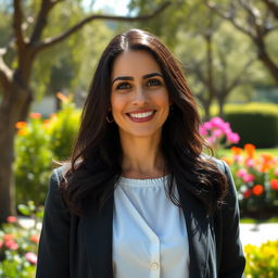 A realistic portrait of a 35-year-old woman with Sephardic features and dark hair, set in a beautiful park in Nesher, Israel