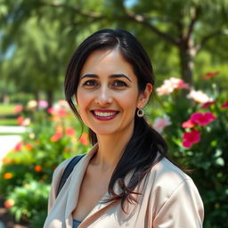 A realistic portrait of a 35-year-old woman with Sephardic features and dark hair, set in a beautiful park in Nesher, Israel