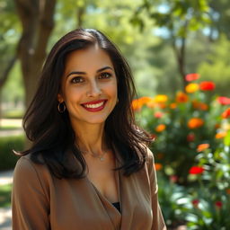 A realistic portrait of a 35-year-old woman with Sephardic features and dark hair, set in a beautiful park in Nesher, Israel