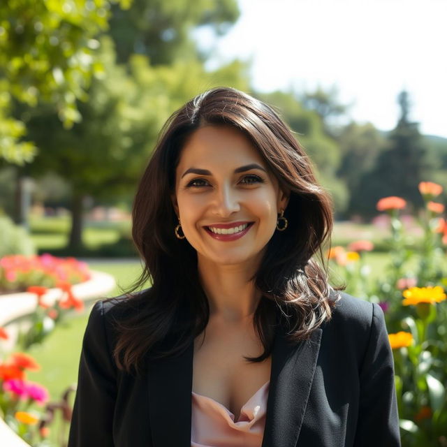 A realistic portrait of a 35-year-old woman with Sephardic features and dark hair, set in a beautiful park in Nesher, Israel