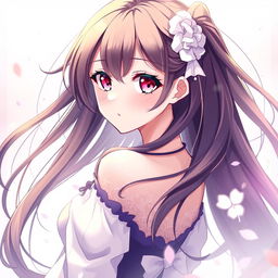 A stunning anime-style illustration of a beautiful female character with long, flowing hair and captivating eyes, posed artistically to highlight her features