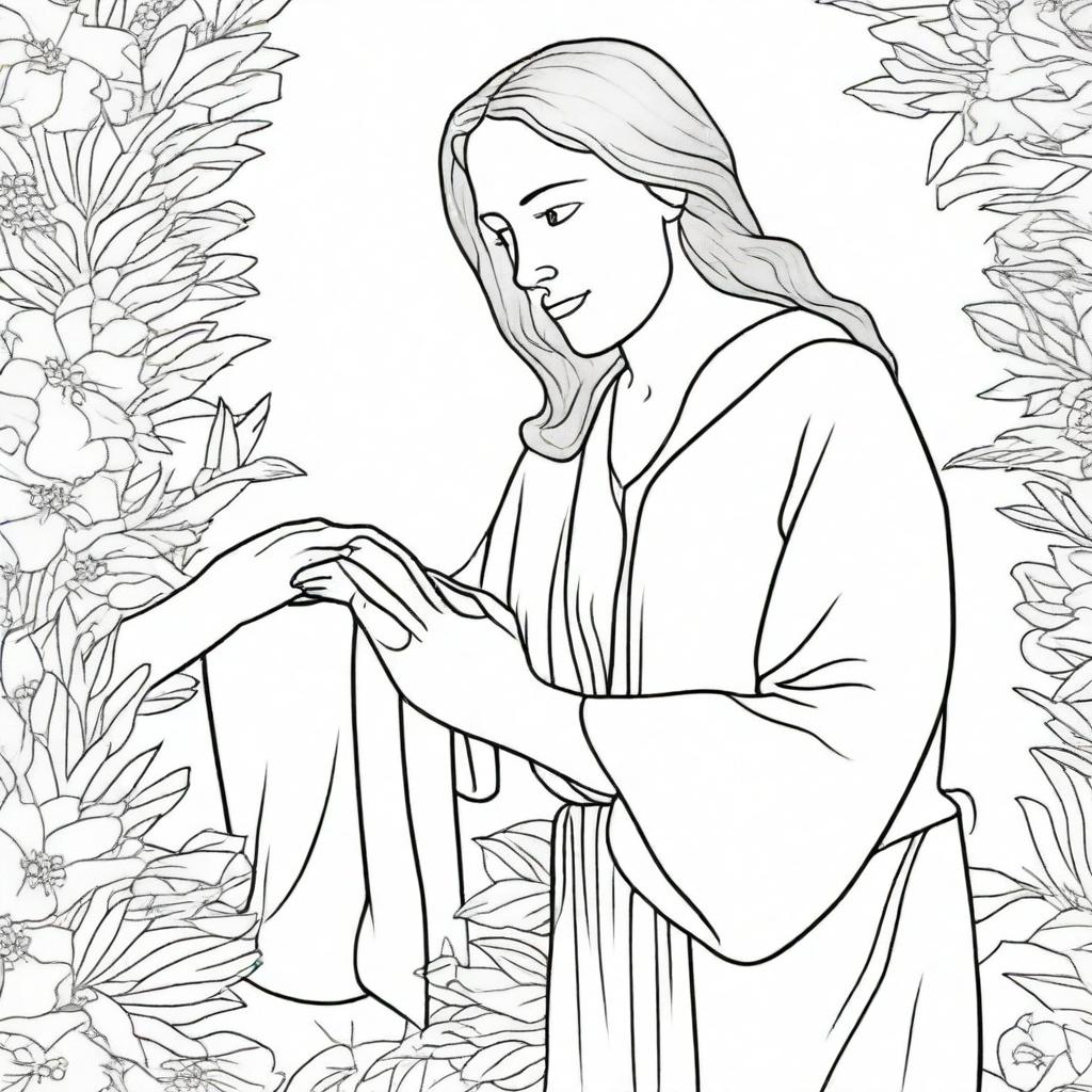 A colouring book page featuring an eager woman reaching from behind to touch the hem of Jesus' garment with faith.