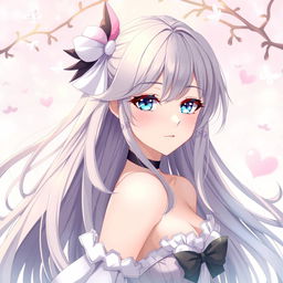 A stunning anime-style illustration of a beautiful female character with long, flowing hair and captivating eyes, posed artistically to highlight her features