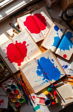 A study desk cluttered with open books that display large splatters of vibrant red and blue paint, with a few smaller splatters of various colors scattered on the pages