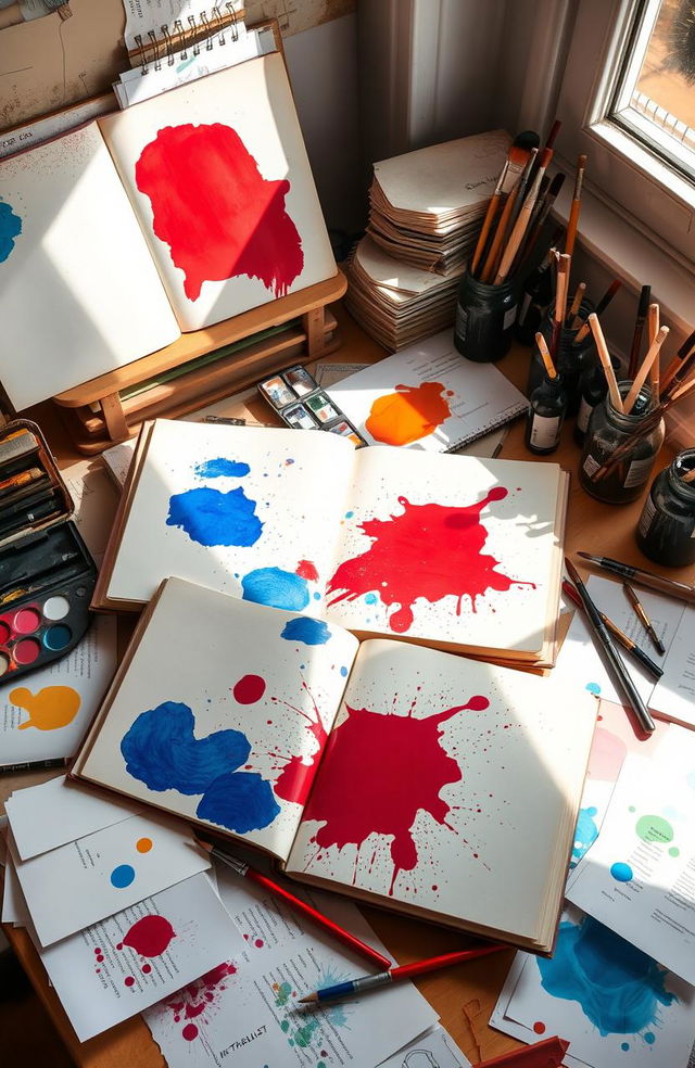 A study desk cluttered with open books that display large splatters of vibrant red and blue paint, with a few smaller splatters of various colors scattered on the pages