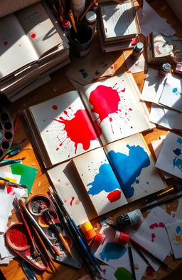 A study desk cluttered with open books that display large splatters of vibrant red and blue paint, with a few smaller splatters of various colors scattered on the pages