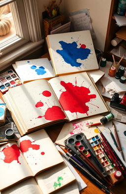 A study desk cluttered with open books that display large splatters of vibrant red and blue paint, with a few smaller splatters of various colors scattered on the pages