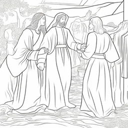 A colouring book page featuring an eager woman reaching from behind to touch the hem of Jesus' garment with faith.