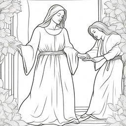 A colouring book page featuring an eager woman reaching from behind to touch the hem of Jesus' garment with faith.