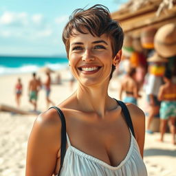 A 36-year-old woman with short hair, showcasing a Brazilian appearance, captured in a lively half-body portrait during her vacation