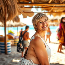 A 36-year-old woman with short hair, showcasing a Brazilian appearance, captured in a lively half-body portrait during her vacation