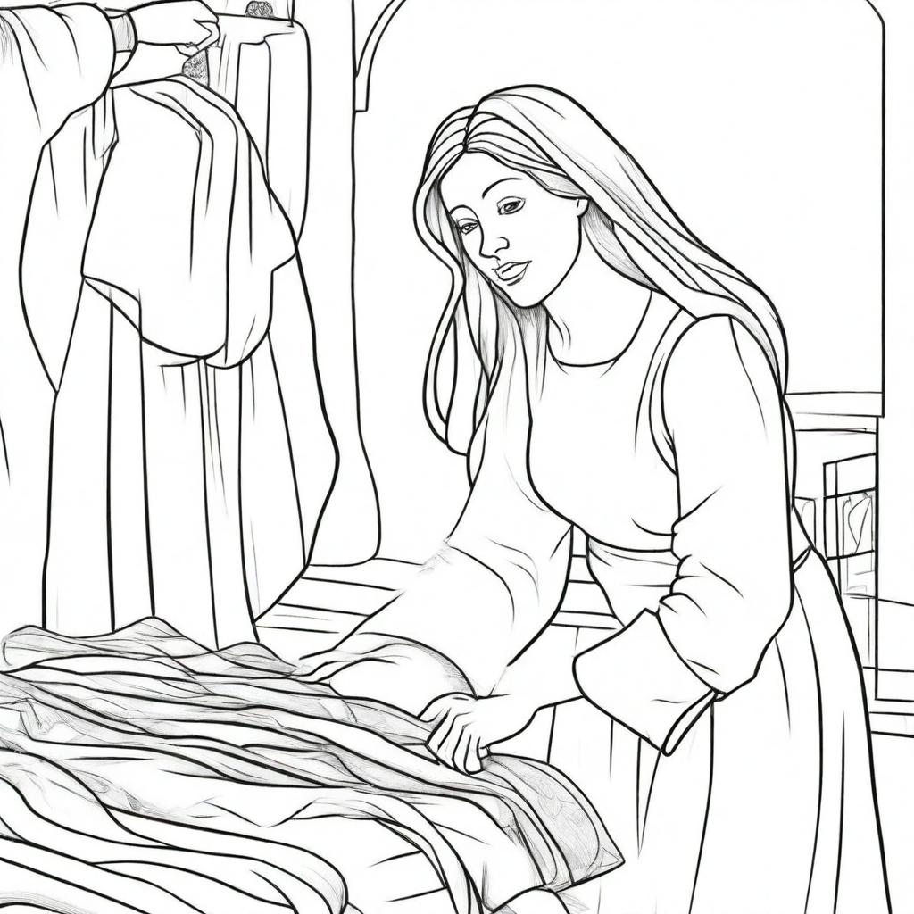 A colouring book page featuring an eager woman reaching from behind to touch the hem of Jesus' garment with faith.