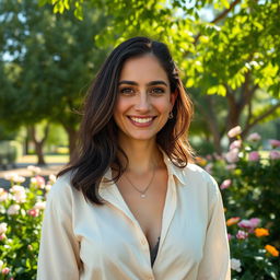 A realistic photo taken with an iPhone 14 Pro featuring a 32-year-old woman of Sephardic descent with dark hair, captured in a vertical format