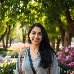 A realistic photo taken with an iPhone 14 Pro featuring a 32-year-old woman of Sephardic descent with dark hair, captured in a vertical format