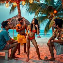 A stunning scene set in a tropical beach shack in Goa, featuring a hot, cute Indian woman with long legs