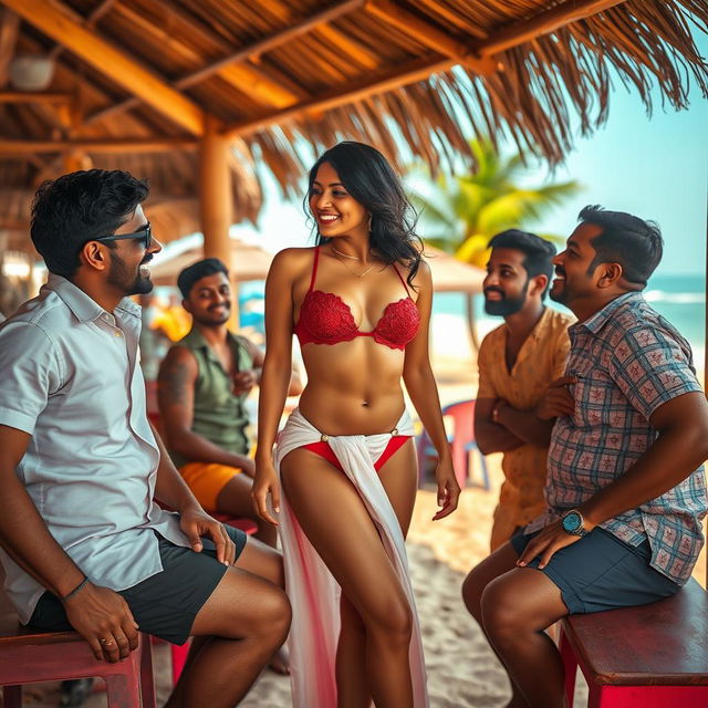 A stunning scene set in a tropical beach shack in Goa, featuring a hot, cute Indian woman with long legs