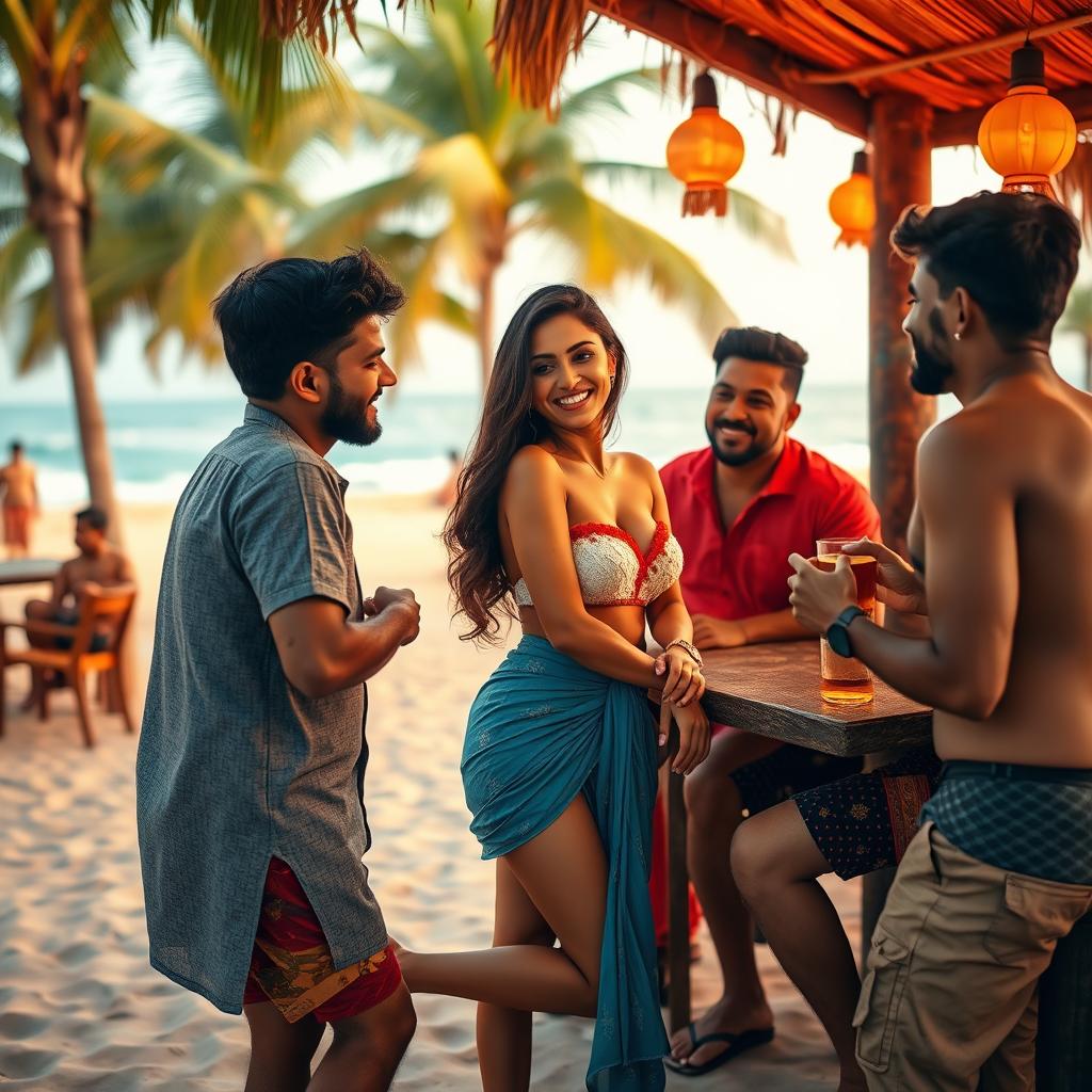 A stunning scene set in a tropical beach shack in Goa, featuring a hot, cute Indian woman with long legs