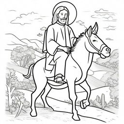 A line-art colouring book page depicting Jesus humbly riding on a donkey, symbolizing peace.