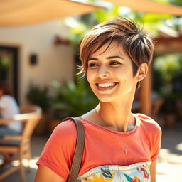 A 36-year-old woman with short hair, showcasing a Brazilian appearance, captured in a vibrant half-body portrait during her weekend leisure time