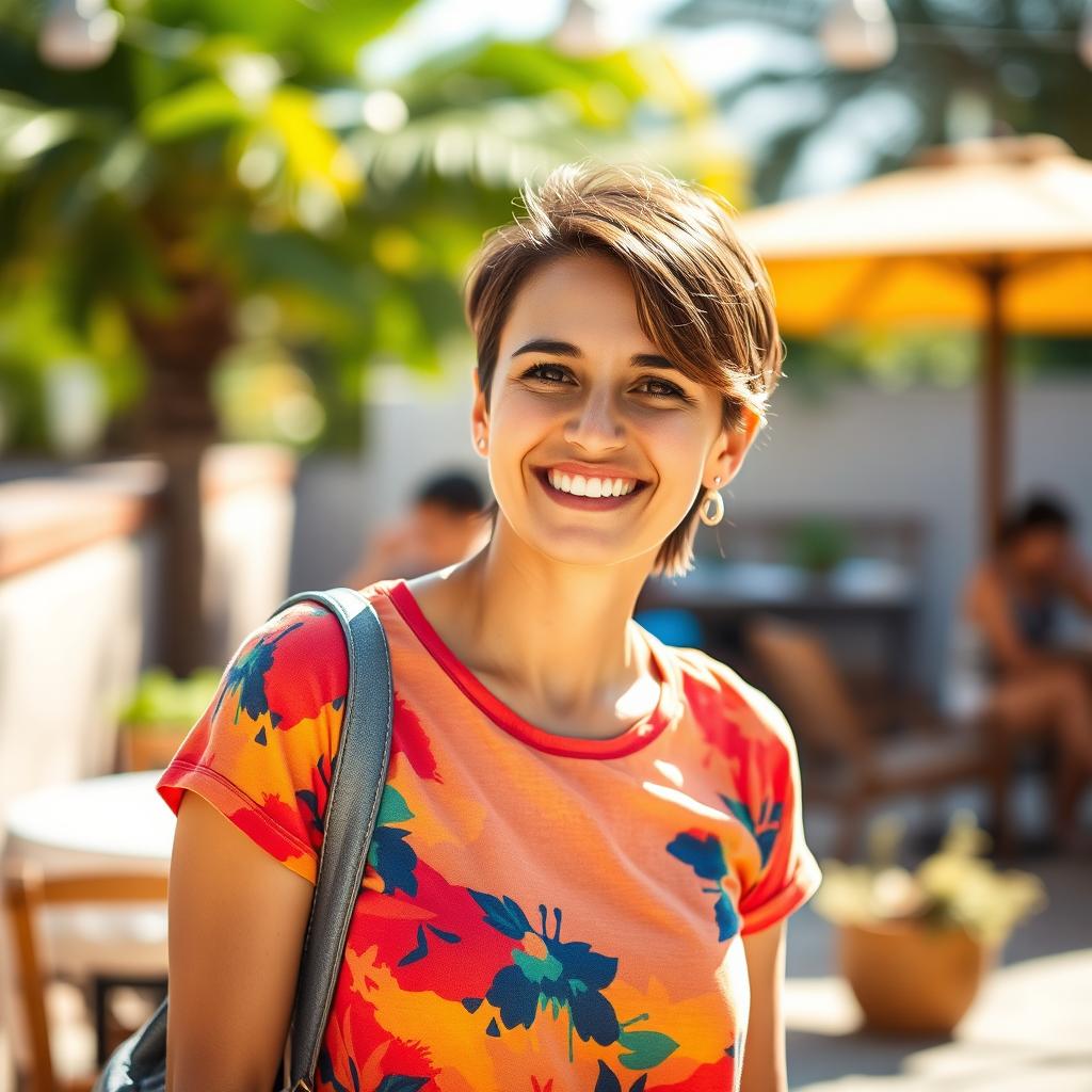 A 36-year-old woman with short hair, showcasing a Brazilian appearance, captured in a vibrant half-body portrait during her weekend leisure time