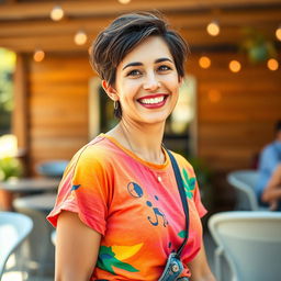 A 36-year-old woman with short hair, showcasing a Brazilian appearance, captured in a vibrant half-body portrait during her weekend leisure time