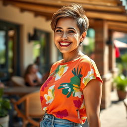 A 36-year-old woman with short hair, showcasing a Brazilian appearance, captured in a vibrant half-body portrait during her weekend leisure time