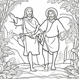 A line-art colouring book page depicting Jesus humbly riding on a donkey, symbolizing peace.