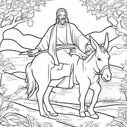 A line-art colouring book page depicting Jesus humbly riding on a donkey, symbolizing peace.