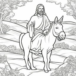 A line-art colouring book page depicting Jesus humbly riding on a donkey, symbolizing peace.