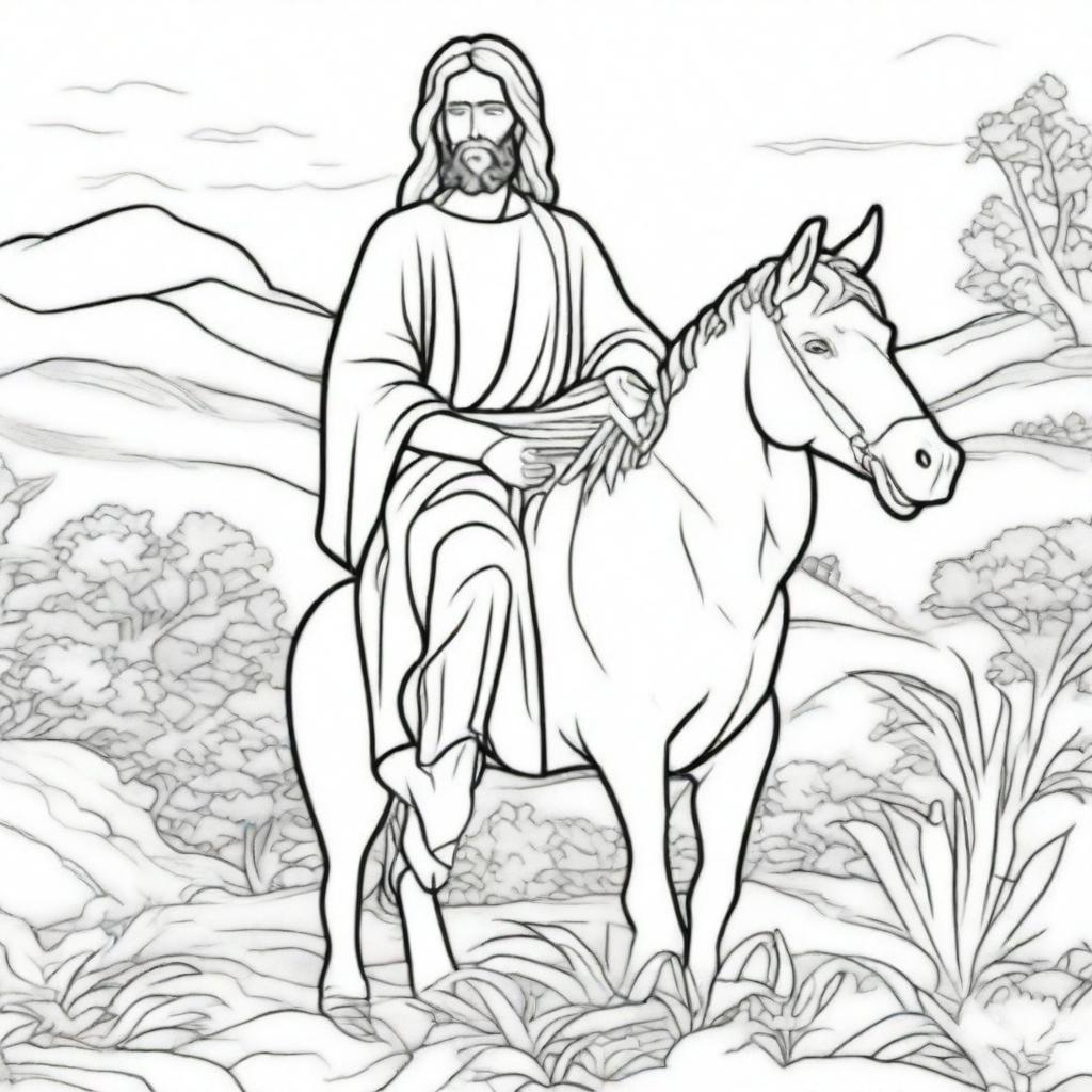 A colouring book page of Jesus in humble majesty, riding peacefully on a donkey.