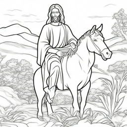 A colouring book page of Jesus in humble majesty, riding peacefully on a donkey.