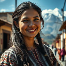 Eine verführerische, exotische junge Frau aus Peru, etwa 22 Jahre alt, mit langen, glänzenden, dunklen Haaren und strahlenden braunen Augen, die ein warmes Lächeln zeigt