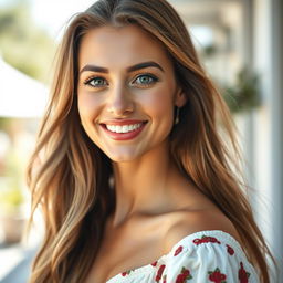 A beautiful 35-year-old European woman showcasing a blend of Scandinavian, Slavic, and Mediterranean features, viewed slightly from a distance