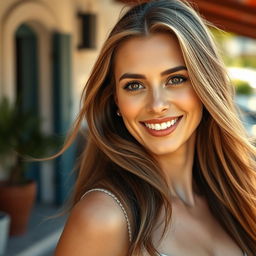 A beautiful 35-year-old European woman showcasing a blend of Scandinavian, Slavic, and Mediterranean features, viewed slightly from a distance
