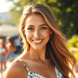 A beautiful 35-year-old European woman showcasing a blend of Scandinavian, Slavic, and Mediterranean features, viewed slightly from a distance