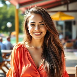A 37-year-old woman with long hair, showcasing a Brazilian appearance, captured in a vibrant half-body portrait during her weekend relaxation