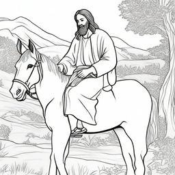 A colouring book page of Jesus in humble majesty, riding peacefully on a donkey.