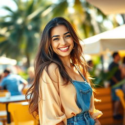 A 37-year-old woman with long hair, showcasing a Brazilian appearance, captured in a vibrant half-body portrait during her weekend relaxation