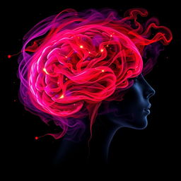 An abstract representation of a woman's brain, depicted artistically with vibrant colors and intricate patterns symbolizing intense emotions and thoughts