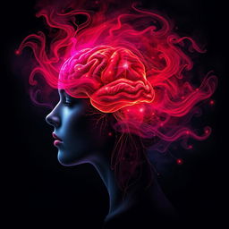 An abstract representation of a woman's brain, depicted artistically with vibrant colors and intricate patterns symbolizing intense emotions and thoughts