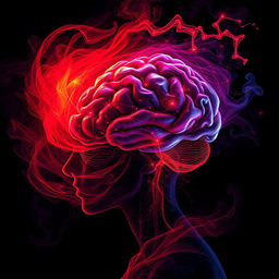 An abstract representation of a woman's brain, depicted artistically with vibrant colors and intricate patterns symbolizing intense emotions and thoughts