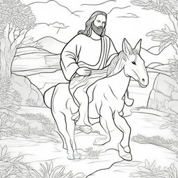 A colouring book page of Jesus in humble majesty, riding peacefully on a donkey.