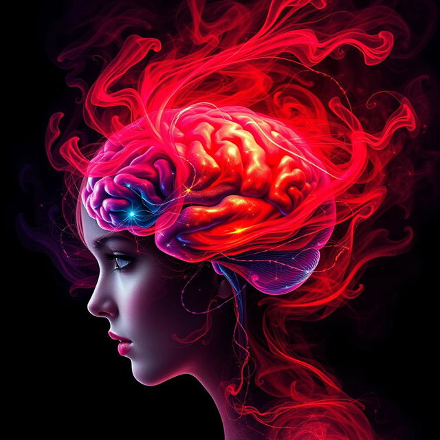 An abstract representation of a woman's brain, depicted artistically with vibrant colors and intricate patterns symbolizing intense emotions and thoughts