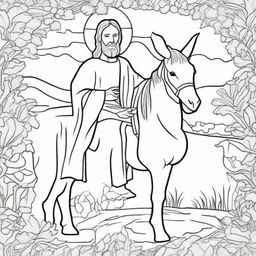 A colouring book page of Jesus in humble majesty, riding peacefully on a donkey.